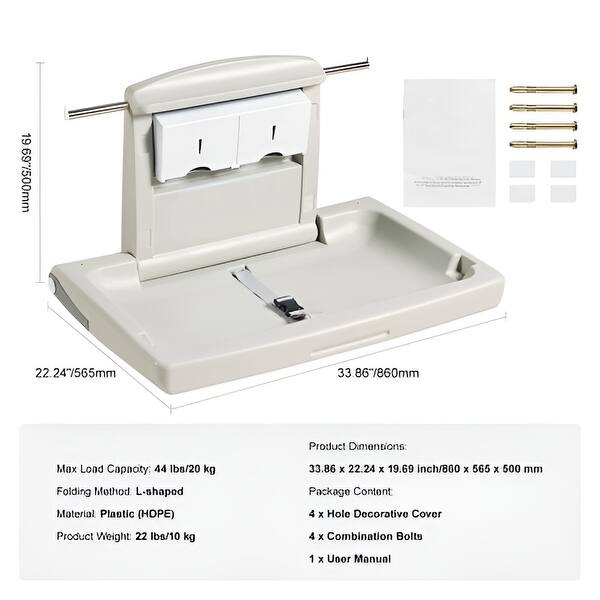 Gray HDPE Foldable Wall Baby Changing Table with Safety Belt & Rods - 33.86 x 22.24 x 19.69 inch
