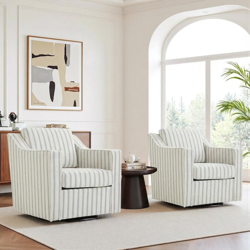 2 Set Modern Swivel Accent Arm Chair for Living Room - Pinstripe Light Blue-Linen