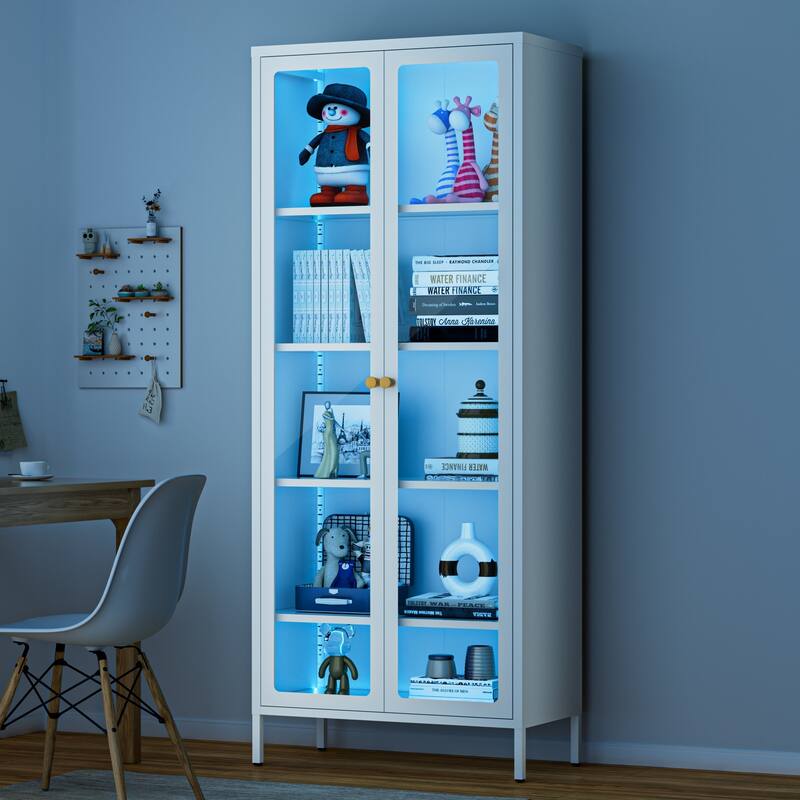 4/5-Tier Glass Curio Display Cabinet with Doors & Adjustable Storage Shelves