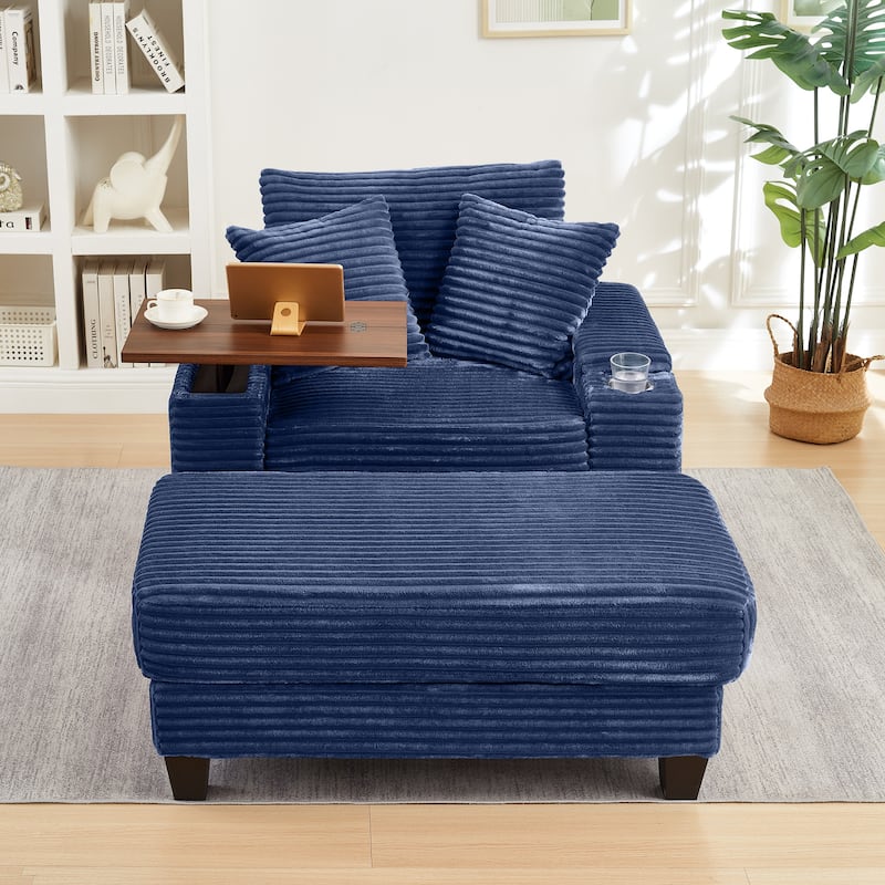 Versatile Chaise Lounge Single Sofa Chair with Ottoman, Swivel Table, Storage Armrest, Cup Holder, Bluetooth Speaker and USB