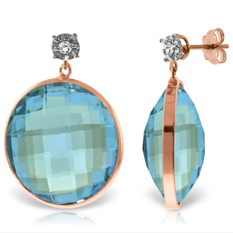 14K Solid Gold Diamonds Stud Earrings w/ Round Cut Round Blue Topaz - Rose