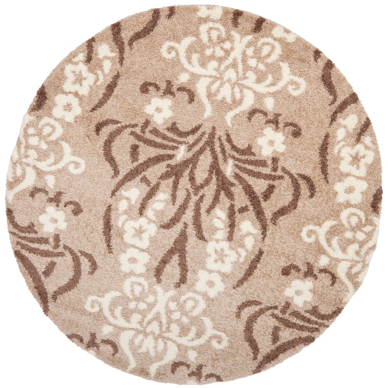 SAFAVIEH Florida Shag Niloufar Damask 1.2-inch Thick Rug - 4' Round - Beige/Cream