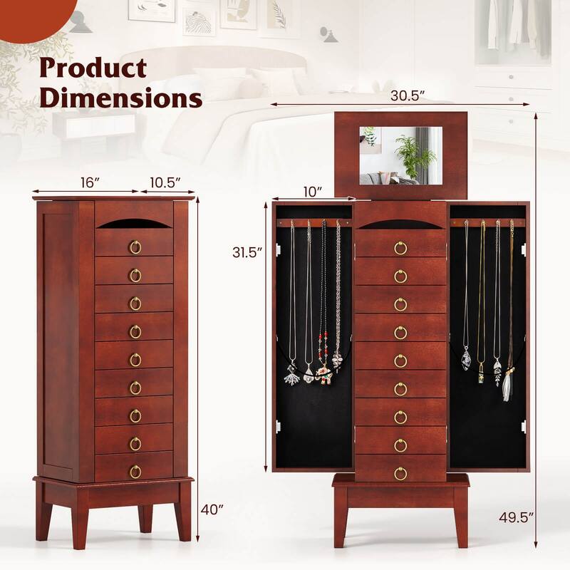 Costway Wood Jewelry Cabinet Armoire Storage Box Chest Stand Organizer - 10.5'' X16'' X40''