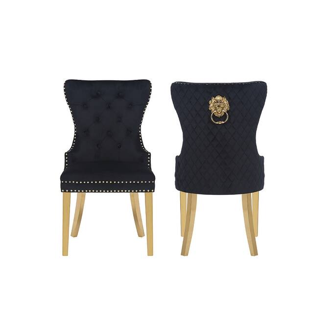 Modern Set of 2 Dining Chairs with Button Tufted Upholstered Back, Nailhead Trim, Stainless Steel Legs for Dining Room - Black