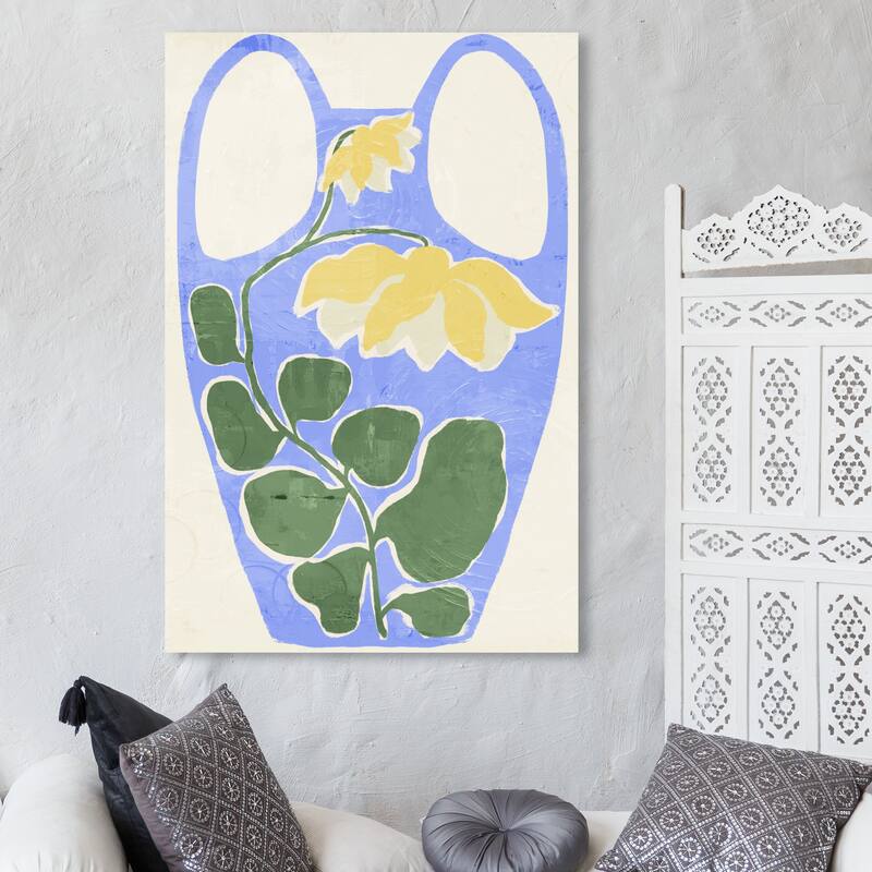 Wynwood Studio Canvas Abstract Blue Floral Vase Blue and Bohemian & Eclectic Wall Art Canvas Print - 45 x 30
