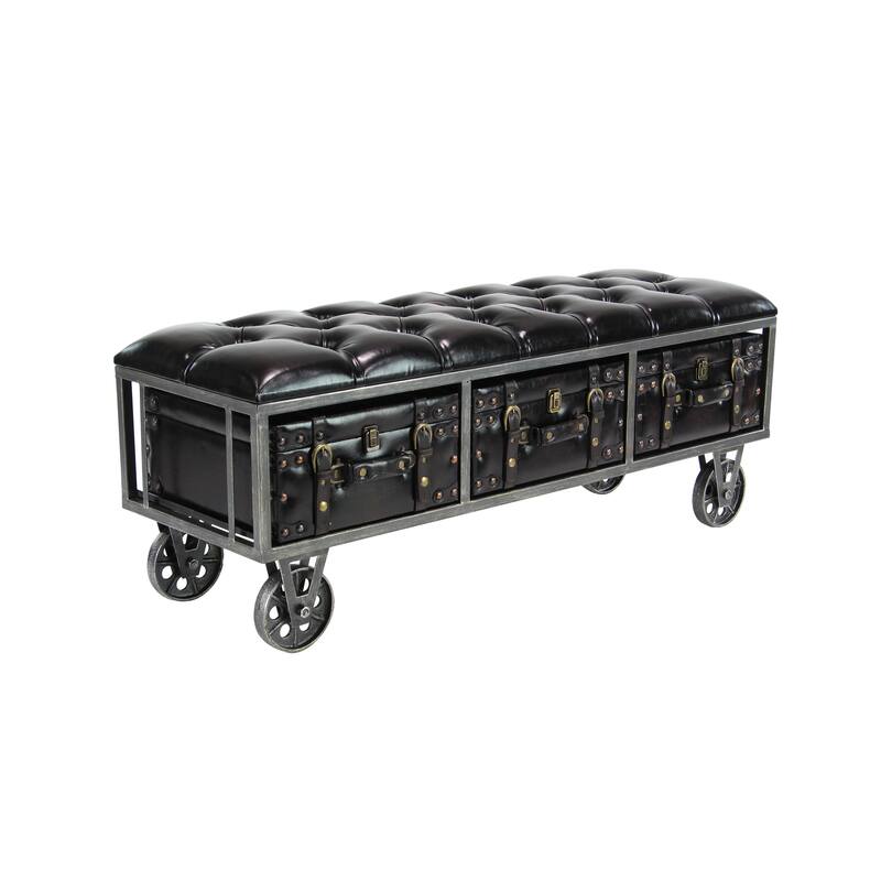 Black Faux Leather Tufted Upholstered 3 Trunk Storage Bench with Industrial Wheels and Gold Studded Accents
