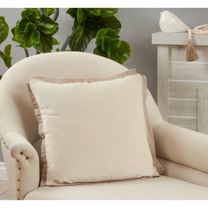Flange Edge Velvet Pillow, 20"x20" - Feather Down - Ivory