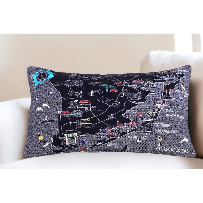 HomeRoots 14" X 25" Dark Gray And White Lumbar Jersey Shore Nighttime Skyline Lumbar Decorative Pillow