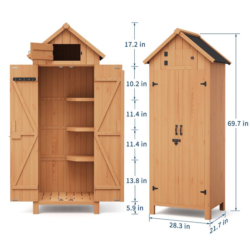 Small Wood Shed Waterproof, 63'' Vertical Outdoor Storage Cabinet with 4 Shelves & Lockable Door - 70in