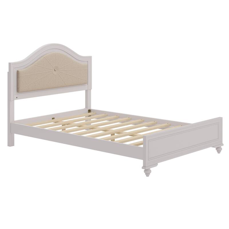Cream Grey Bed Frame with Curved Hidden Built-in Light Upholstered Headboard Lowprofile Platform Bed Wood Slat Support Panel Bed