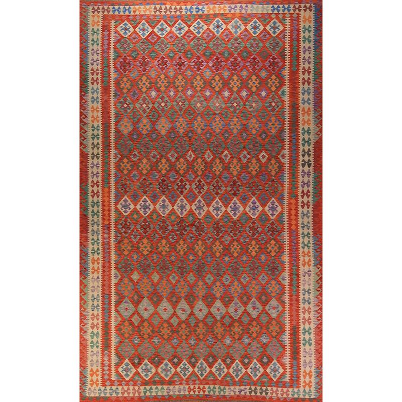 Orange Geometric Kilim Oriental Large Rug Flatweave Wool Carpet - 10'1" x 16'3"