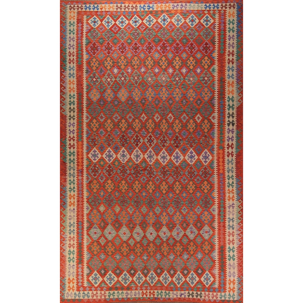 Orange Geometric Kilim Oriental Large Rug Flatweave Wool Carpet - 10'1" x 16'3"