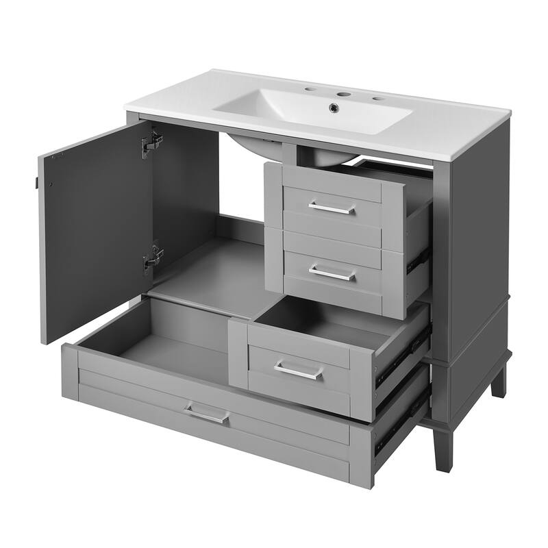 36" Bathroom Vanity with Solid Pine Frame, 1 Soft Close Door and 3 Drawers, Modern Storage Cabinet
