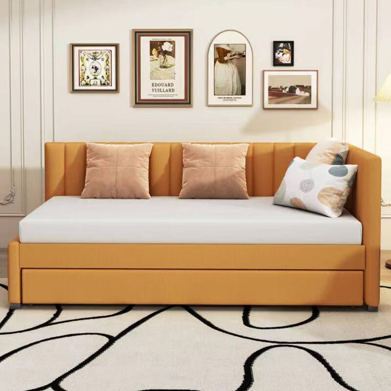 Twin Daybed Frame Linen Upholstered Sofa Bed L Shaped Backrest Mattress Holde Slat Support with Twin Size Trundle - Yellow - Twin