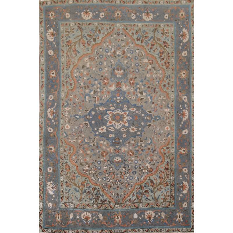 Distressed Tabriz Persian Vintage Area Rug Handmade Grey Wool Carpet - 6'8" x 9'8"