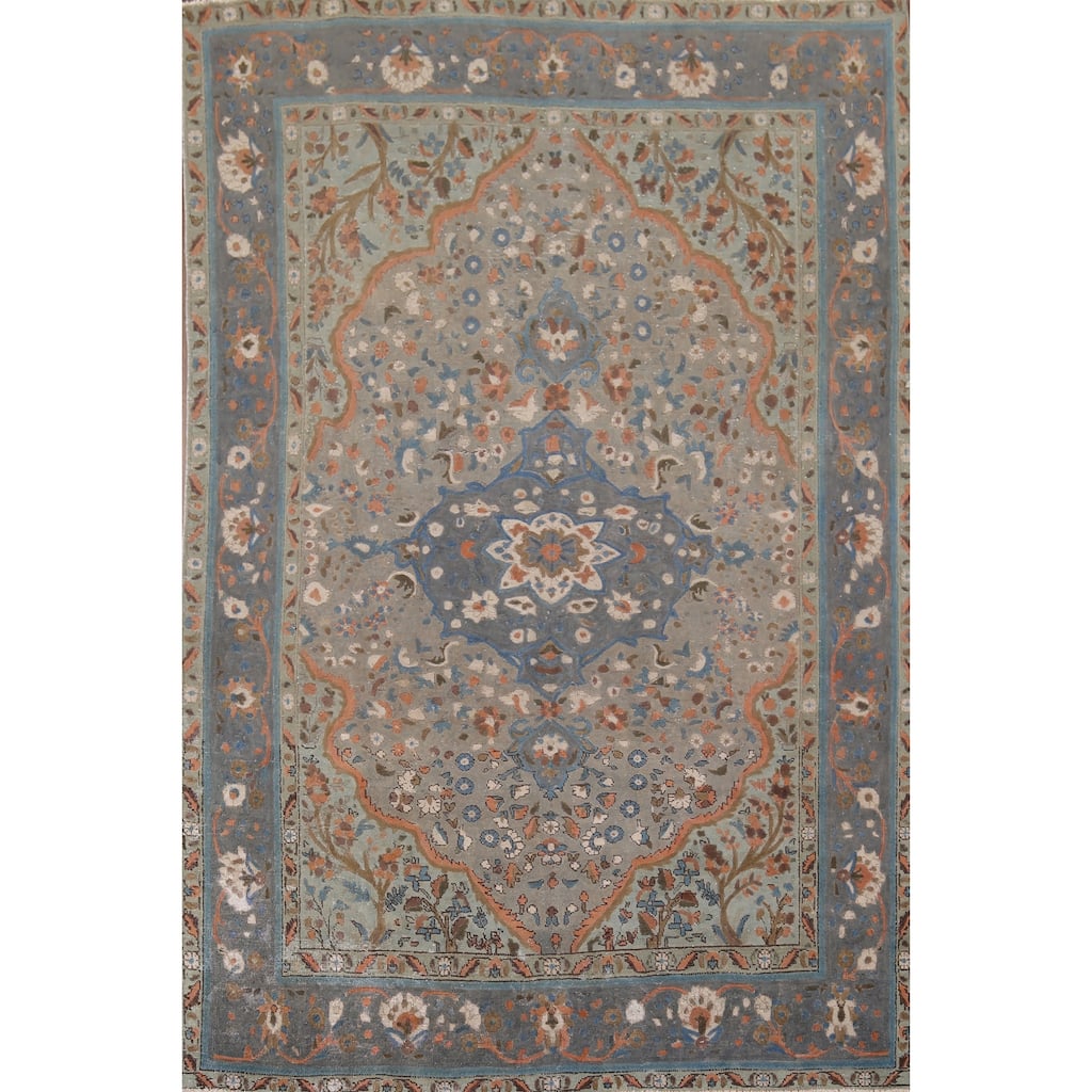 Distressed Tabriz Persian Vintage Area Rug Handmade Grey Wool Carpet - 6'8" x 9'8"
