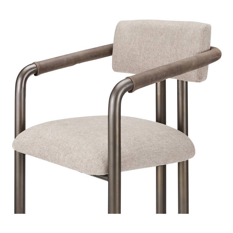 Title: NADAAL STUDIOS Dastan Counter Stool, Leather Wrapped Arms, Iron Frame, Upholstered Seat, Brown