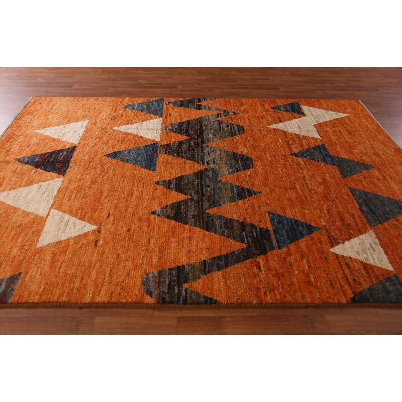 Geometric Orange Moroccan Oriental Rug Hand-Knotted Wool Carpet - 6'10" x 9'10"