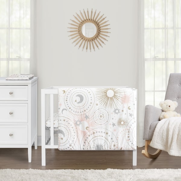 slide 2 of 6, Sweet Jojo Designs Blush Pink Gold Star and Moon Girl 3pc Mini Crib Bedding Set Grey Celestial Sky Stars Gray Shabby Chic