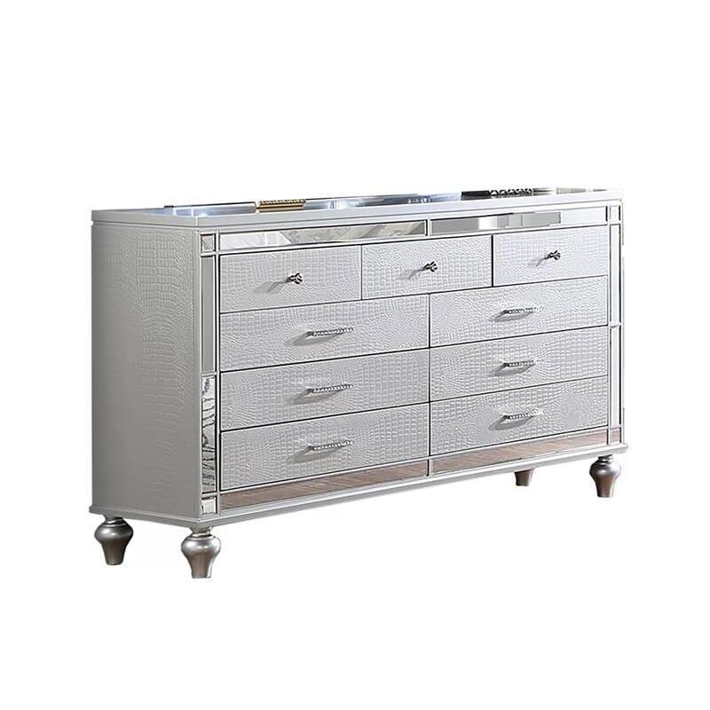 Bailey Wide Dresser, Mirror Trim and 9 Drawers, Silver Wood