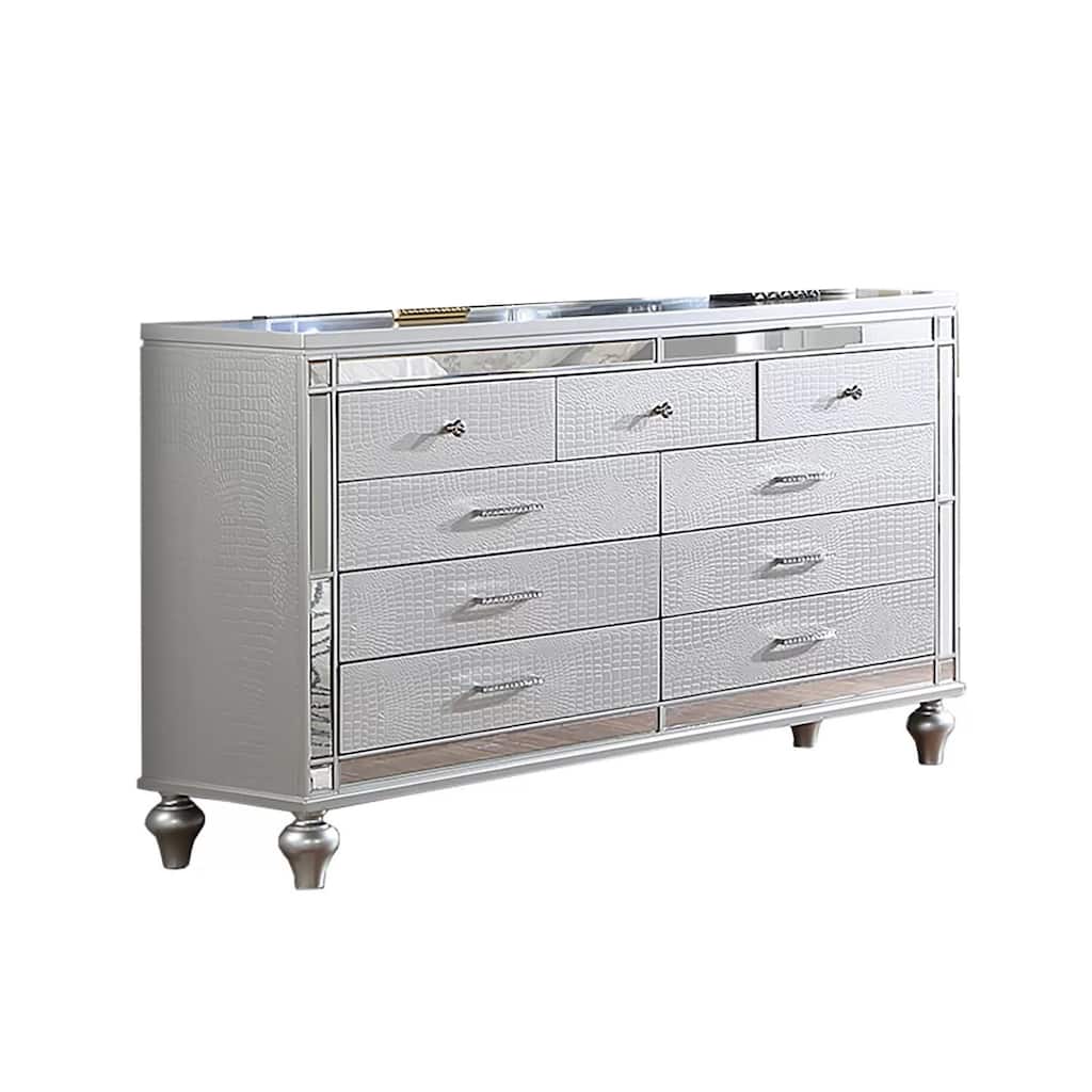 Bailey Wide Dresser, Mirror Trim and 9 Drawers, Silver Wood