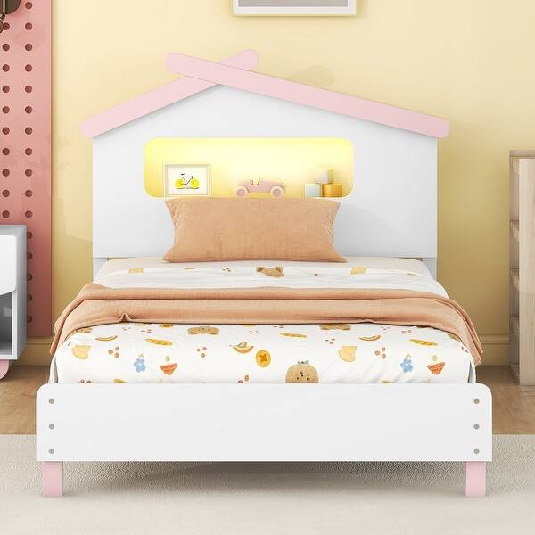 slide 2 of 9, Kids Twin Bed Frame Wood Platform Bed with House-Shaped Headboard and Motion Activated Night Lights,White Pink White Pink