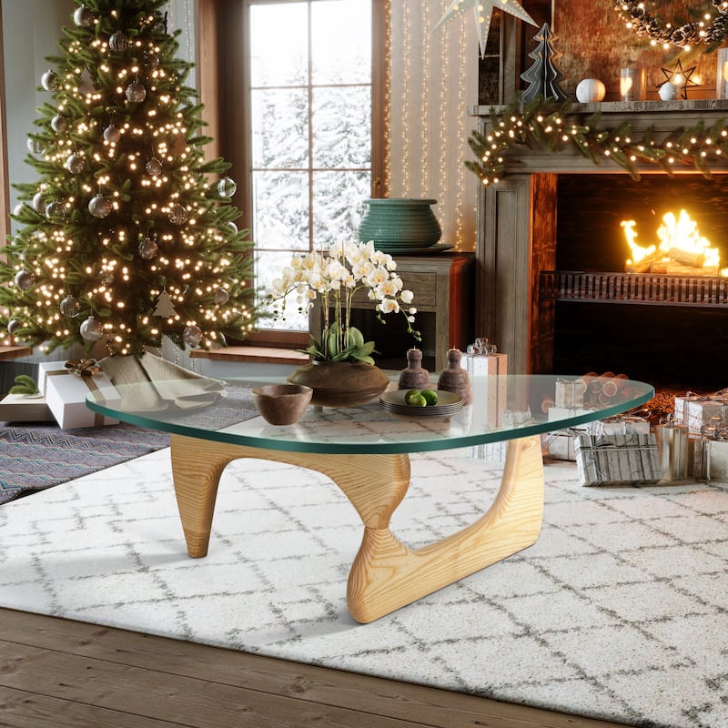 0.78 " Modern Triangle Glass Noguchi Coffee Table Cherry Wood Base