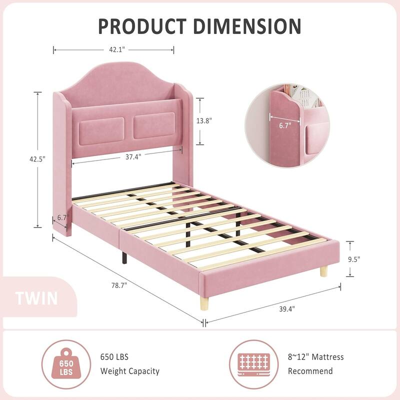 Twin Size Upholstered Velvet Platform Bed Frame for Kids with LED Lights Bookcase Headboard