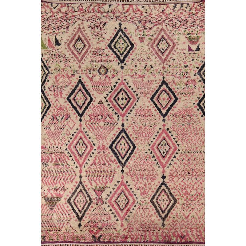 Beige & Pink Moroccan Oriental Area Rug Handmade Wool Carpet - 9'0" x 12'7"