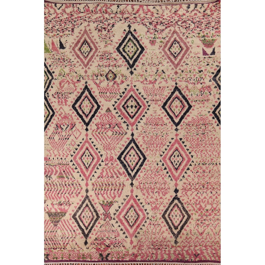 Beige & Pink Moroccan Oriental Area Rug Handmade Wool Carpet - 9'0" x 12'7"