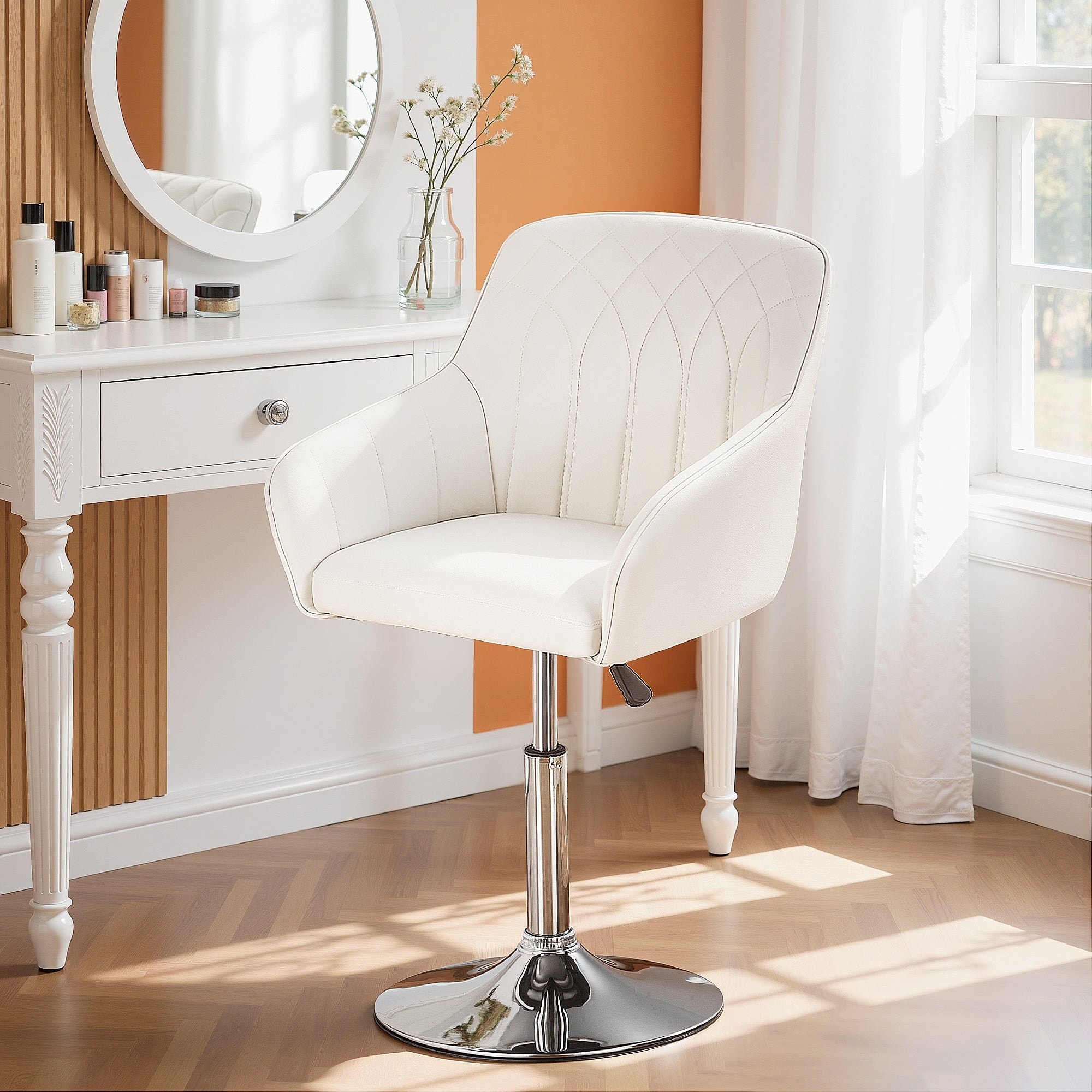 VECELO Vanity Chair Makeup Swivel Accent Chair Height Adjustable Round Back Tilt Chair for Living Room Vanity Office Bar Stool