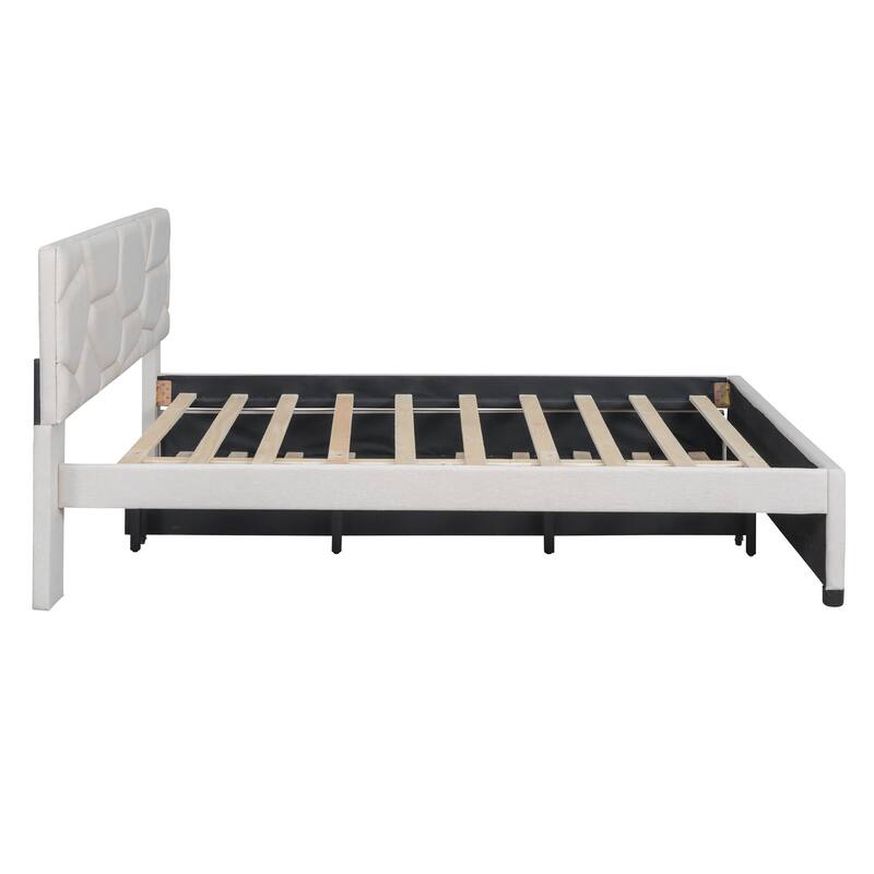 Linen Upholstered Platform Bed Frame with Trundle and Brick Pattern Headboard