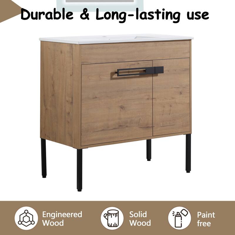 Bathroom Vanity with Ceramic Sink, Soft-Close Doors, Adjustable Shelf, Eco-Friendly Plywood - 36in L Plywood