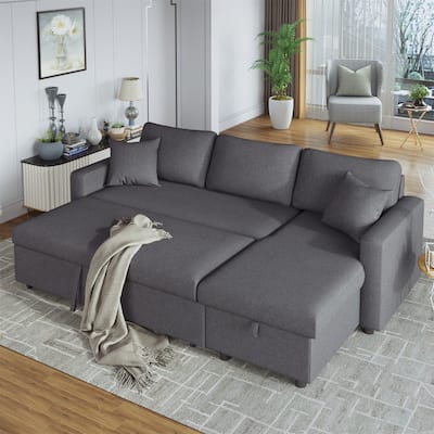 Merax Upholstery Sleeper Sectional Sofa with Storage Space, 2 Tossing Cushions