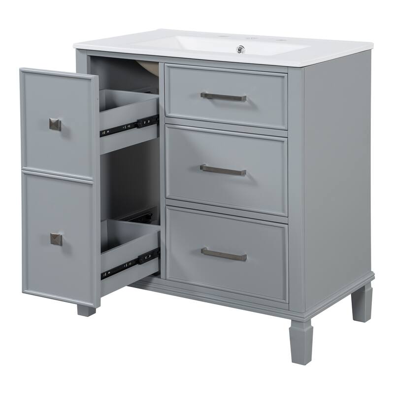 30 Inch Bathroom Vanity with Ceramic Sink, Flip-Out Drawer Design for Plumbing, Painted MDF Cabinet with Solid Wood Legs