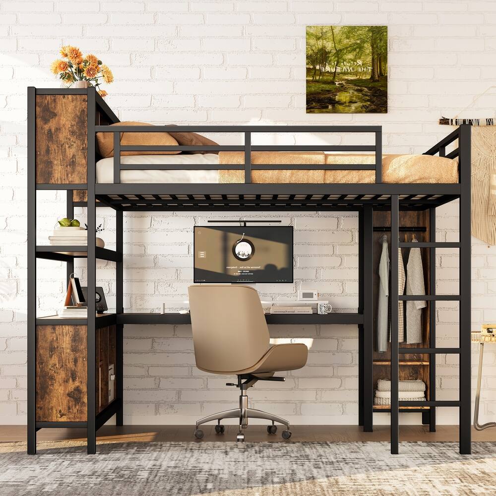 Heavy Duty Metal Loft Bed with Wardrobe, L Shaped Desk, All-In-One Cubes and Top Bookshelves