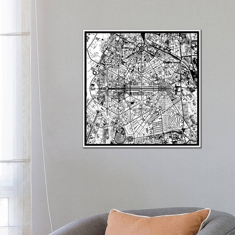 iCanvas "New Delhi Black And White" by Planos Urbanos Framed