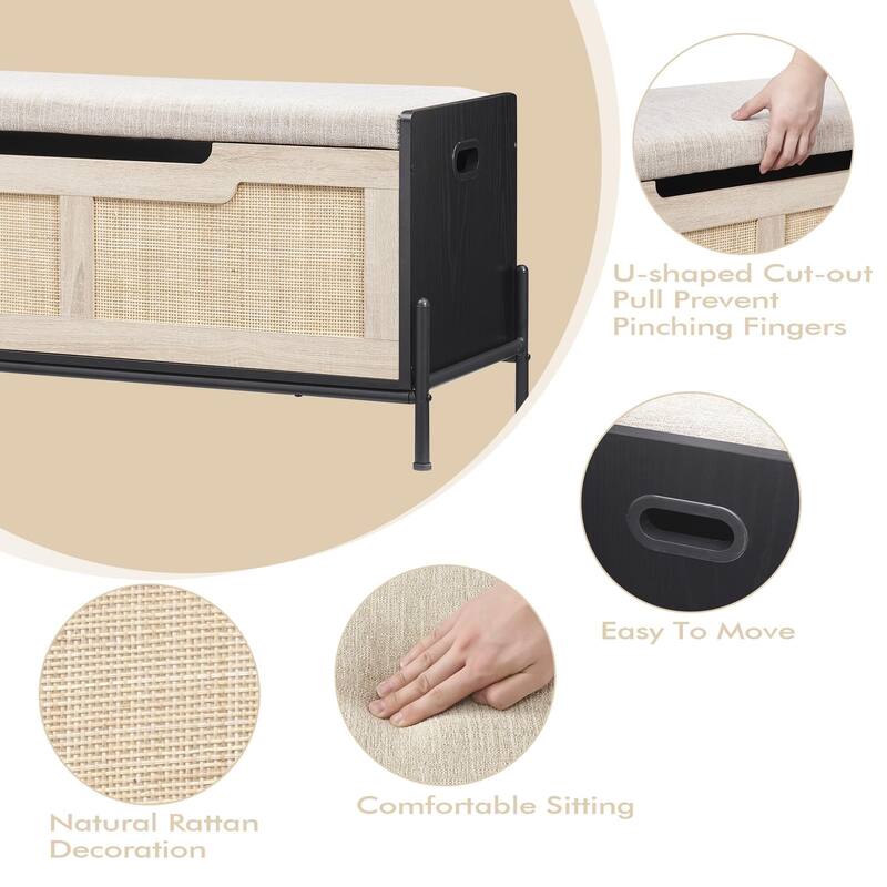 Square Rattan Foot Rest Stool, Storage Entryway Bench for Small Spaces, Storage Ottoman for Living Room Coffee Table,