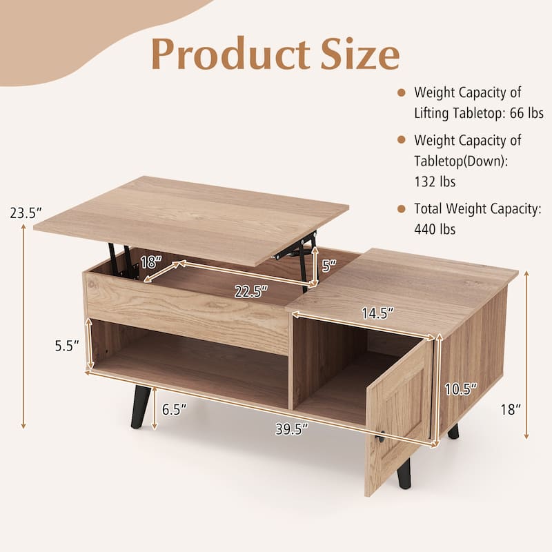 Open Shelf Coffee Table with Lift-Top Workstation and Hidden Storage Cabinet for Living Room - 39.5" x 19.5" x 18" (L x W x H)