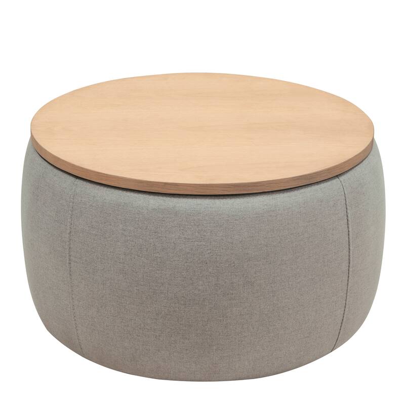 Round Storage Ottoman, 2 in 1 Function, Work as End table and Ottoman, Grey (25.5"x25.5"x14.5")