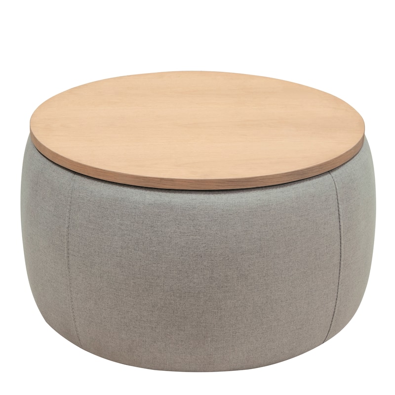 Round Storage Ottoman, Upholstered Coffee Table with Wooden Reversible Lid, 2 in 1 Function Foot Stool for Living Room, Office