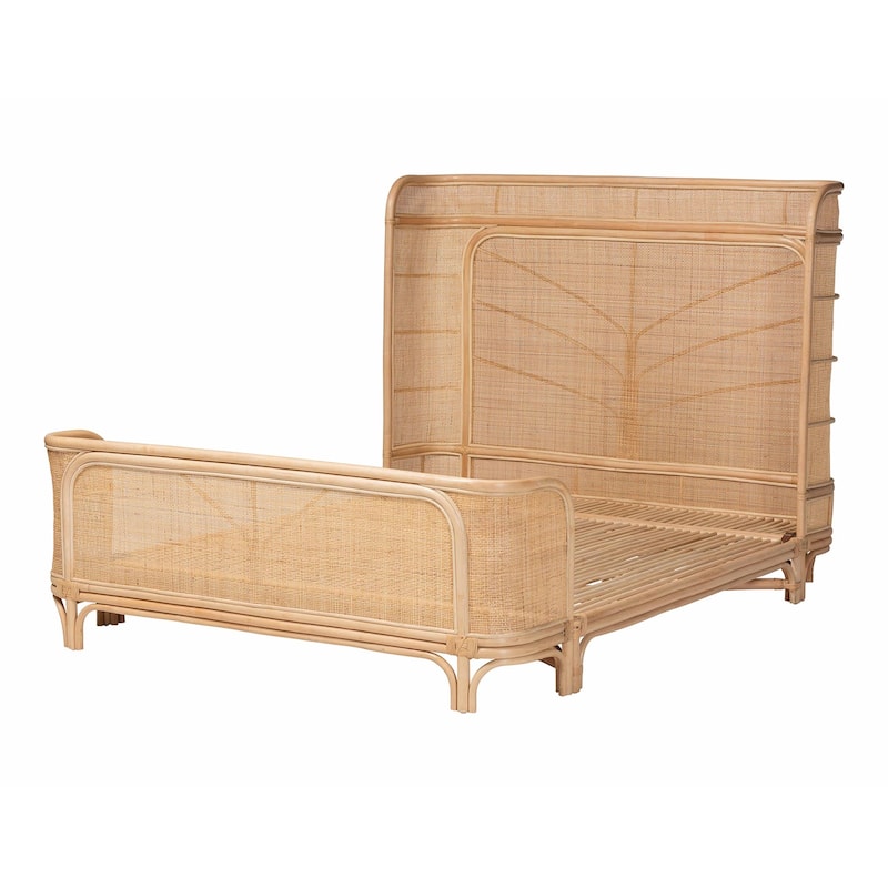 Fiore Natural Rattan Bed Frame - Handwoven Wicker Headboard and Footboard with Curved Corners, Boho Coastal Furniture, Queen