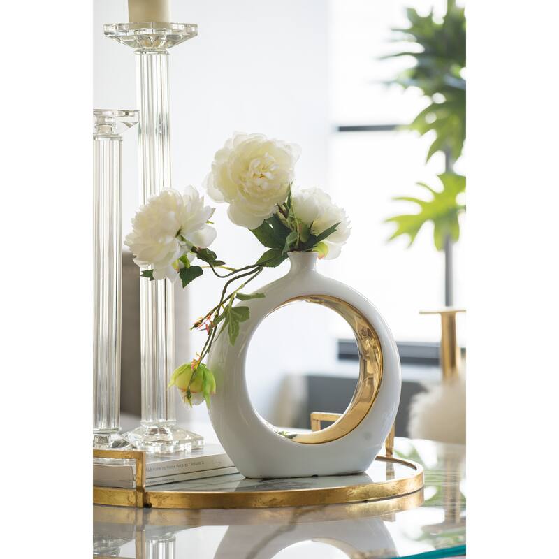 11x3.1x12" Round Ceramic Vase with Gold Accent Modern Home Decor