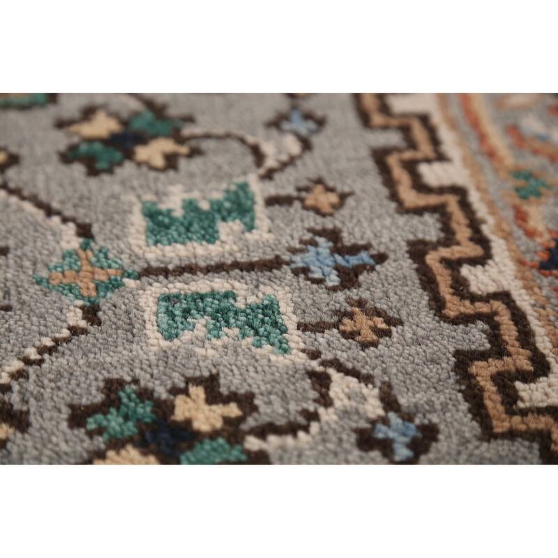 Gray Geometric Heriz Serapi Indian Runner Rug Hand-Knotted Wool Carpet - 2'7" x 7'11"