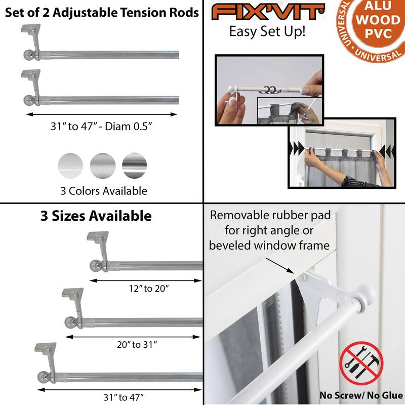 Set of 2 Adjustable Tension Rods FixVit 12" to 47" - Diam 0.5"