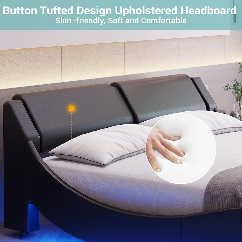 Queen Modern Upholstered Platform Bed Frame with LED Lights