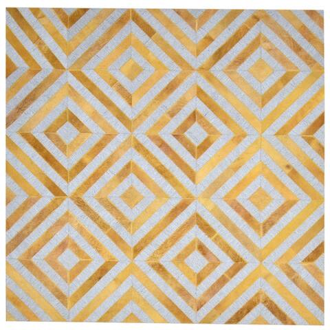 One of a Kind Hand-Woven Modern 6' Square Diamond Leather Gold Rug - 6' Square
