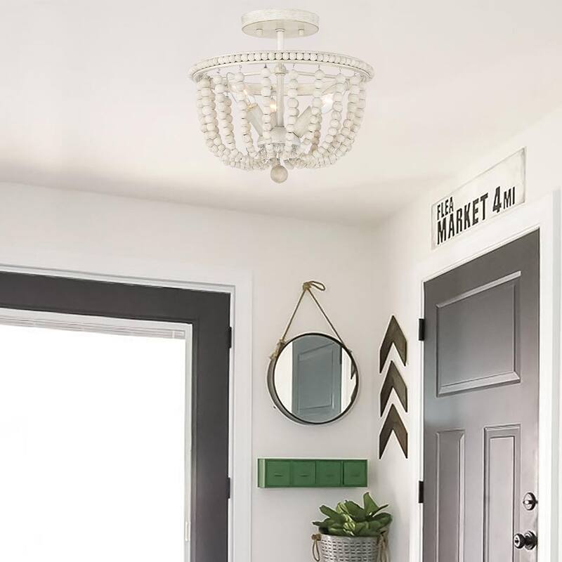 Cauhu 3-light Farmhouse Coastal Wood Beaded Semi Flush Mount Ceiling Lights -UL