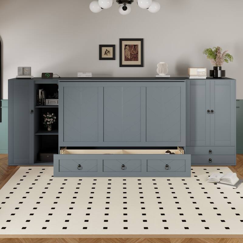 Queen Murphy Bed with Built-in USB, Dual Wardrobes, Storage Drawers & Vintage Handles - Ideal for Small Spaces - Grey