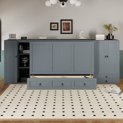 Queen Size Solid Wood Murphy Bed with Charging Station, Built-In Wardrobes, Drawers, and Foldable Cabinet Design